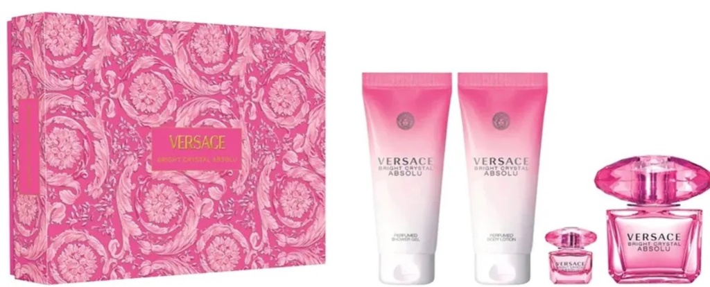 Versace Bright Crystal Absolu 4-Piece Gift Set for Women – 3.0 oz EDP Spray, 0.17 oz EDP, 3.3 oz Body Lotion, 3.3 oz Shower Gel 