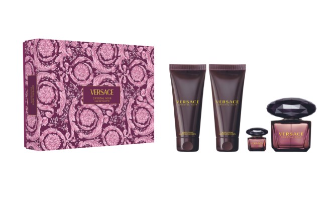Versace Crystal Noir 4-Piece Gift Set for Women – 3.0 oz EDP Spray, 0.17 oz Mini EDP, 3.4 oz Body Lotion, and 3.4 oz Shower Gel (Hard Box). 