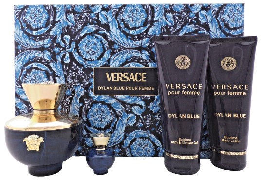 Versace Ladies Dylan Blue Gift Set – 4 Pieces: 3.4 oz EDP Spray, 0.17 oz Mini, 3.4 oz Shower Gel, and 3.4 oz Body Lotion. 