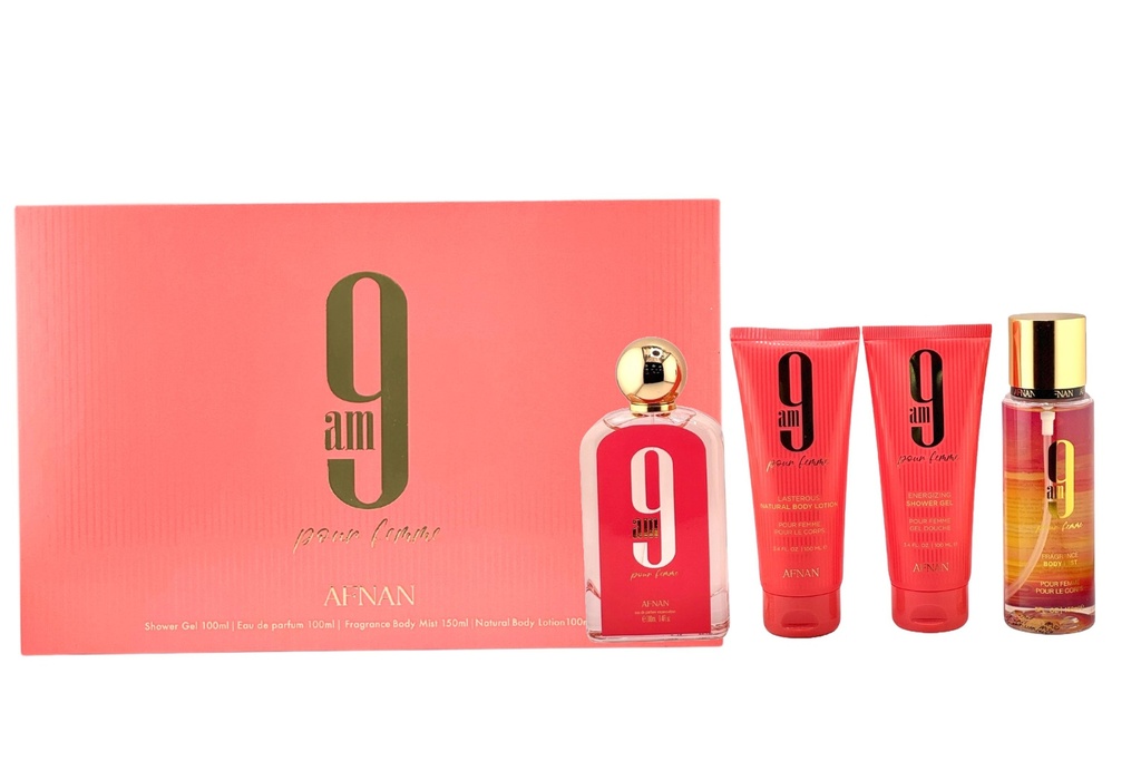 Afnan 9AM Femme 4-Piece Gift Set for Women – 3.4 oz EDP Spray, 3.4 oz Shower Gel, 3.4 oz Body Lotion, 5.0 oz Body Mist 