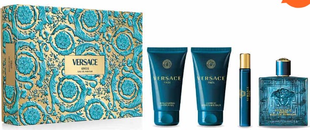 Versace Eros Gift Set for Men: 4- Piece Set - 3.4 oz EDP, 0.34 oz EDP, 2.5 oz Shower Gel, and 2.5 oz Aftershave Balm. 