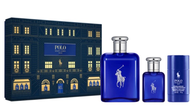 Ralph Lauren Polo Blue for Men 3-Piece Gift Set  – EDT Spray 4.2 Oz, EDT Spray 1.36 Oz, and Deodorant Stick. 