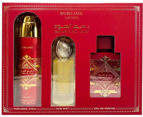 Lattafa Badee Al Oud Sublime 3-Piece Gift Set for Men – 3.4 oz EDP, 6.67 oz Deodorant Spray, and 1.7 oz Hair Mist. 