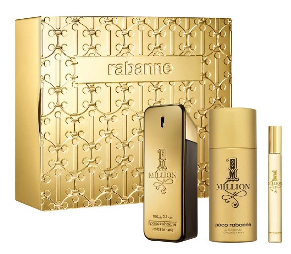 Paco Rabanne 1 Million 3-Piece Gift Set for Men: 3.4oz EDT Spray, 0.34oz EDT Travel Spray, and 5.0oz Deodorant Spray 