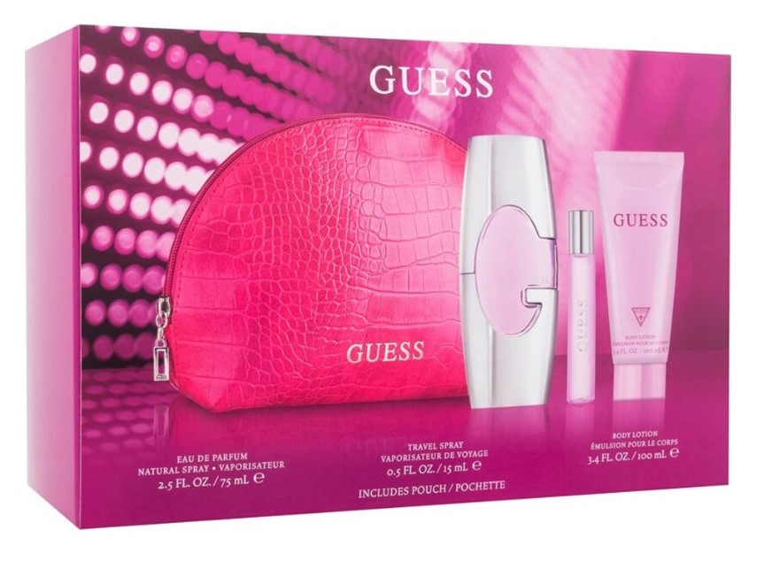 Guess Gift Set for Women – 4 Pieces: 2.5 oz EDP Spray, 3.4 oz Body Lotion, Mini EDP, and a Pouch