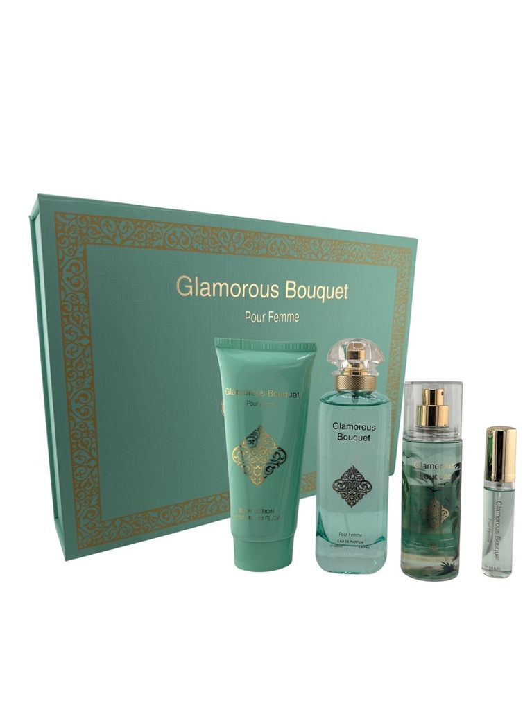 Mush Mush Glamorous Bouquet 4PC Gift Set: 3.4 oz EDP + 0.5 oz EDP + 3.7 oz Body Mist + 5 oz Body Lotion  