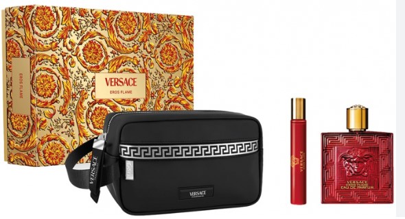 Versace Eros Flame 3PC Gift Set for Men: EDP Spray 3.4 oz, Travel Spray 0.33 oz, Travel Case 