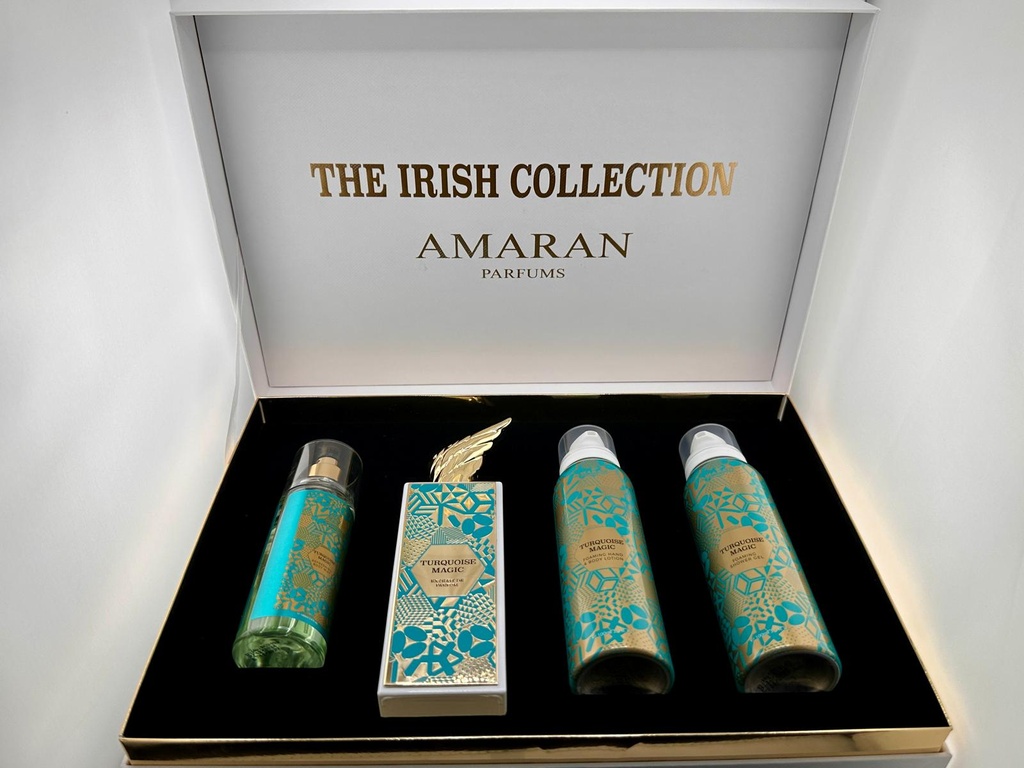 Amaran Turquoise Magic Women Gift Set: 4 Pieces EDP Spray 2.8 Oz + Body Lotion 3.4 Oz +Shower Gel 3.4 Oz with Body Mist 3.4 Oz