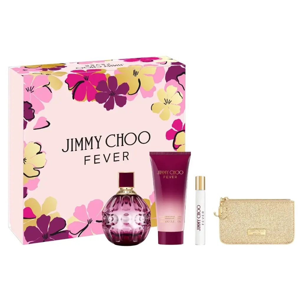 Jimmy Choo Fever 3-Piece Gift Set | 3.3 oz EDP, 0.25 oz Travel Spray, 3.3 oz Body Lotion, Trousse Pouch