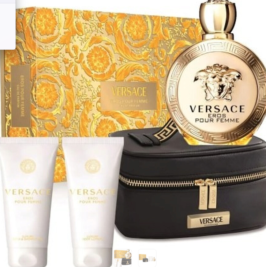 Versace Eros Pour Femme Women's 4-Piece Set | 3.4 oz EDP, 3.4 oz Body Lotion, 3.4 oz Shower Gel, Makeup Trousse 