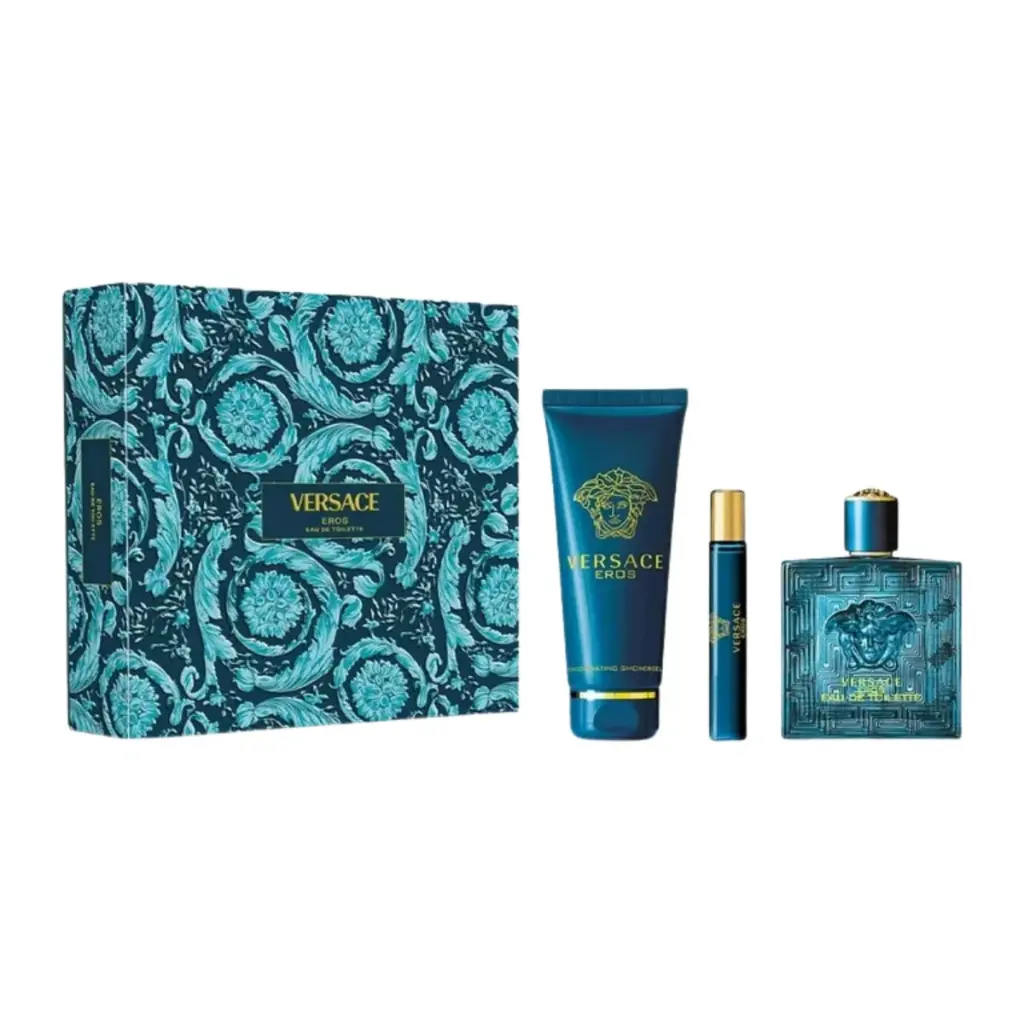 Versace Men's Eros EDP Gift Set – 3 Pieces: 3.4oz EDP Spray, 0.33oz EDP Travel Spray, and 5.1oz Shower Gel