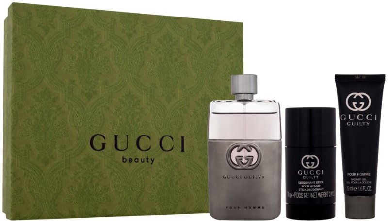 Gucci Guilty Pour Homme 3-Piece Set: 3 oz Eau de Toilette Spray, 1.7 oz Shower Gel, and 2.5 oz Deodorant Stick. 