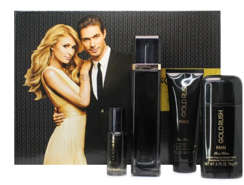 Paris Hilton Gold Rush edt 3.4 Oz+0.5 Oz+Body Wash 3 Oz+ Deodorant Set Men