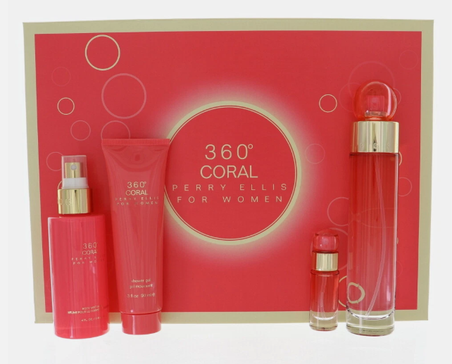 Perry Ellis 360 Coral Women 4‑Piece Gift Set | 3.4 oz EDP + 0.25 oz Mini EDP + 4 oz Body Mist + 3 oz Shower Gel 
