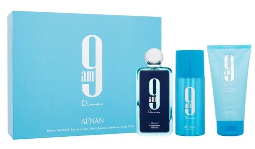 Afnan 9 AM Dive 3-Piece Gift Set Unisex – 3.4 oz EDP, 5.0 oz Shower Gel, 5.0 oz Perfumed Deodorant Spray.