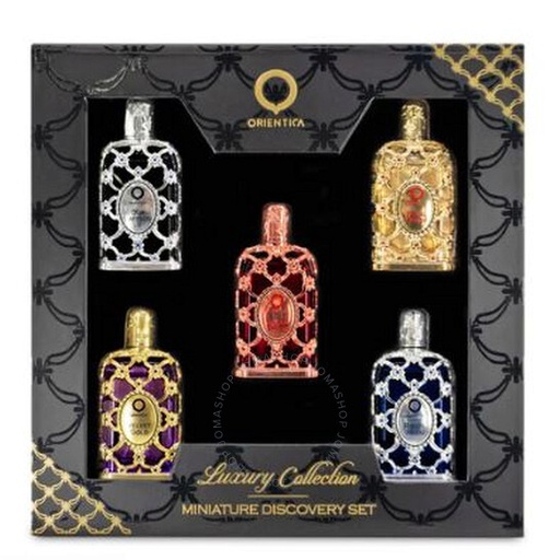 Orientica Mini Set Gift Set: Amber Rouge 0.25 oz, Oud Saffron 0.25 oz, Velvet Gold 0.25 oz, Royal Bleu 0.25 oz, Royal Amber 0.25 oz