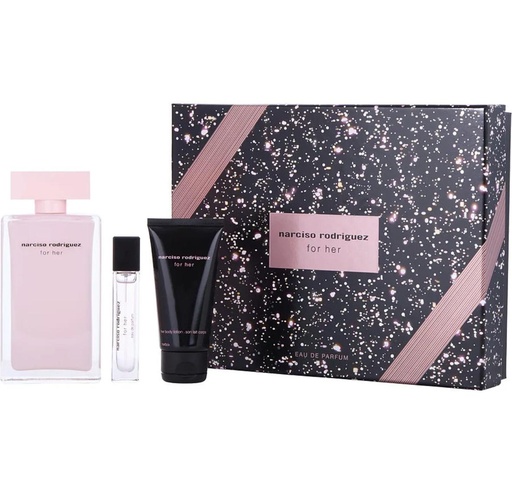 Narciso Rodriguez For Her 3-Piece Gift Set | 3.3 oz EDP, 0.33 oz Travel Spray, 1.6 oz Body Lotion