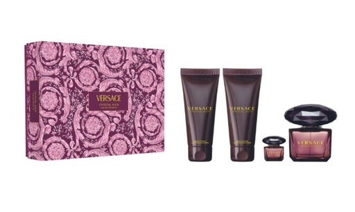 Versace Crystal Noir 4-Piece Gift Set for Women – 3.0 oz EDP Spray, 0.17 oz Mini EDP, 3.4 oz Body Lotion, and 3.4 oz Shower Gel (Hard Box). 