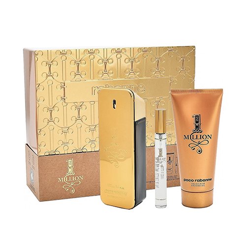 Paco Rabanne 1 Million 3-Piece Gift Set for Men: 3.4oz EDT Spray, 0.34oz EDT Travel Spray, and 3.4oz Perfumed Body Lotion. 