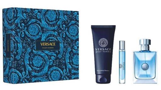 Versace Pour Homme Gift Set for Men – 3.4 oz EDT Spray, 5.0 oz Hair & Body Shampoo, 0.34 oz EDT Travel Spray.