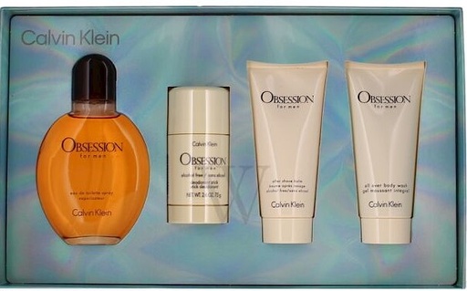 Calvin Klein Obsession 4-Piece Gift Set for Men – 4.2 oz EDT Spray, 2.6 oz Deodorant Stick, 3.3 oz After Shave, and 3.3 oz Shampoo/Body Wash