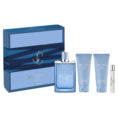 Jimmy Choo Man Aqua 4-Piece Gift Set | 3.3 oz EDT, 3.3 oz After Shave, 3.3 oz Shower Gel, 0.25 oz Travel Spray