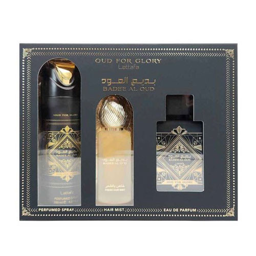 Lattafa Badee Al Oud Glory Men 3-Piece Gift Set: 100 ml EDP, 200 ml Deodorant, and 50 ml Hair Mist