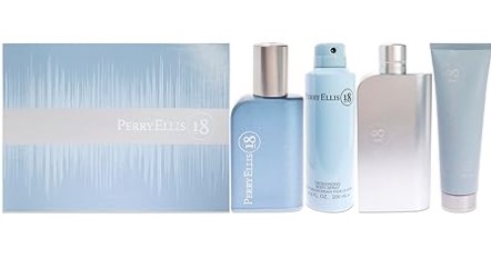 Perry Ellis 18 for Men 4-Piece Gift Set: 3.4 oz EDT Spray, 0.25 oz EDT Spray, 6 oz Body Spray, and 3 oz Hair and Body Wash