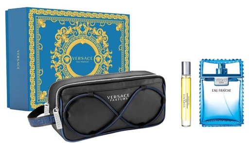 Versace Man Eau Fraiche Gift Set – 3 Pieces: 3.3oz EDT Spray, 0.3oz EDT Spray, and Pouch for Men